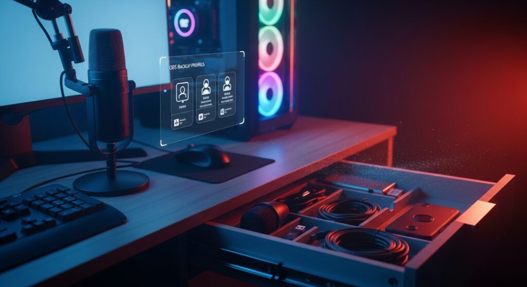 Pro streaming setup with backup mic, spare HDMI cable, hotspot, and OBS profiles symbolizing redundancy for reliable esports streaming.