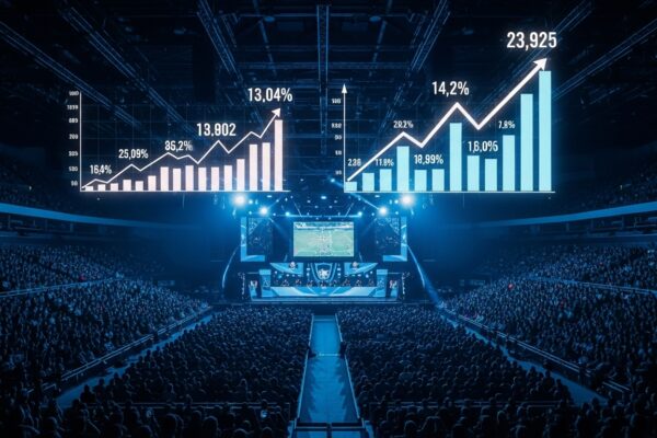 Esports arena with cheering crowd and holographic charts rising above the stage, symbolizing esports industry growth in 2025 from hype to data.