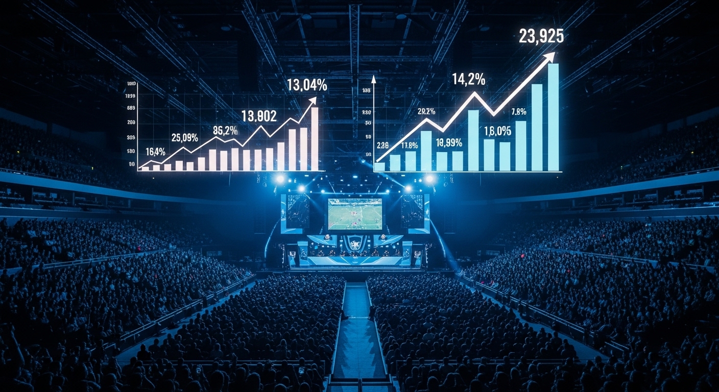 Esports arena with cheering crowd and holographic charts rising above the stage, symbolizing esports industry growth in 2025 from hype to data.