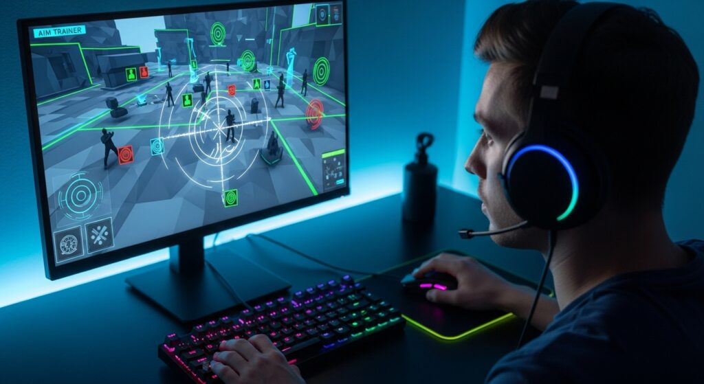 FPS player training aim accuracy in a shooter practice map.
