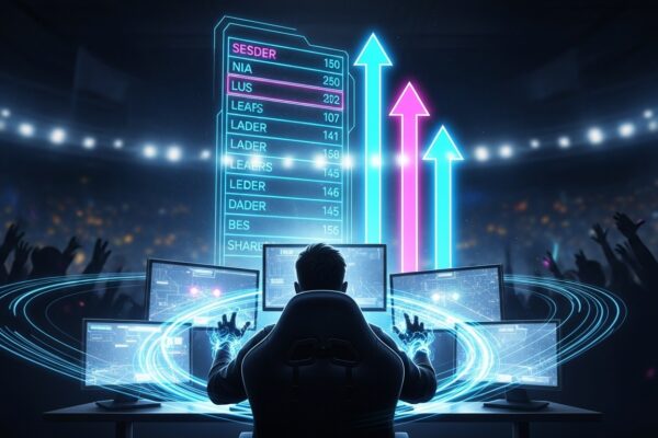 Futuristic gamer surrounded by glowing leaderboards and neon arrows symbolizing how to rank up fast in competitive matchmaking.