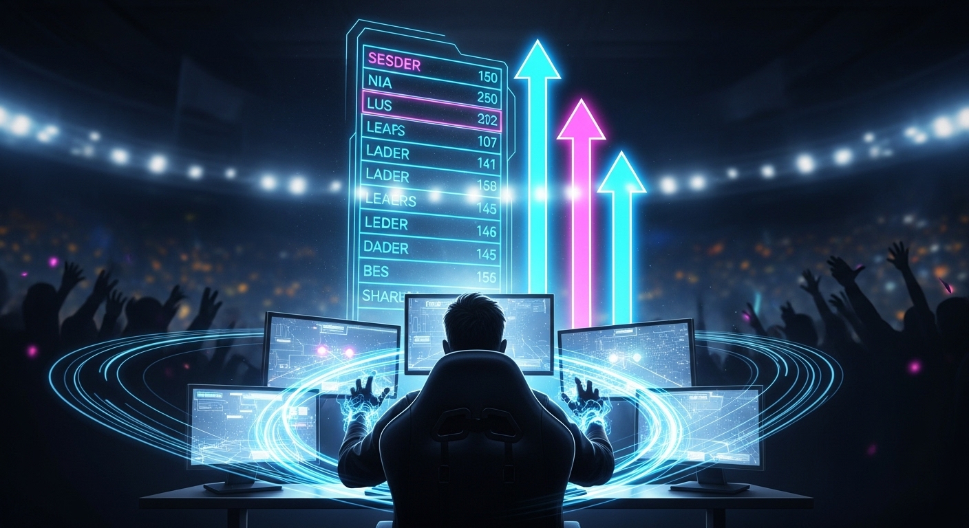 Futuristic gamer surrounded by glowing leaderboards and neon arrows symbolizing how to rank up fast in competitive matchmaking.
