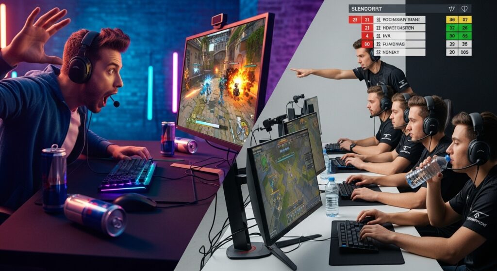 Split-screen of a flashy solo gamer making a dramatic play on one side and a calm, coordinated team steadily winning a tournament bracket on the other, illustrating that consistency and fixing mistakes beats short-term highlights.