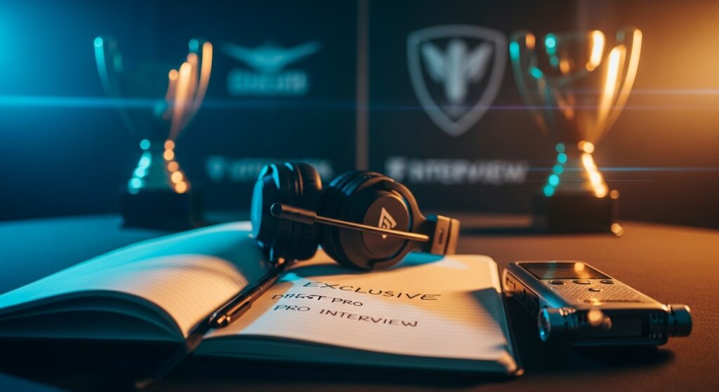 Notebook with headset and mic under warm spotlight, symbolizing exclusive esports interviews that reveal deeper player stories.