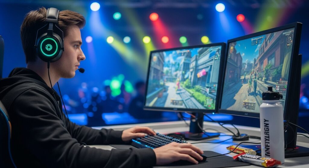 A pro gamer sitting at a tournament desk with their headset on, glowing monitors in front, and a water bottle + energy snack at the side. In the background, blurred stage lights and faint silhouettes of a cheering crowd set the scene. The gamer looks calm and focused, hands ready on the keyboard and mouse, showing preparation and confidence.