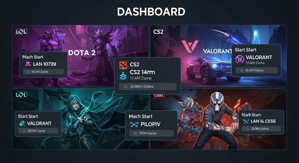 Esports fan monitoring multiple tournaments across games on a digital dashboard with time zones and match info.