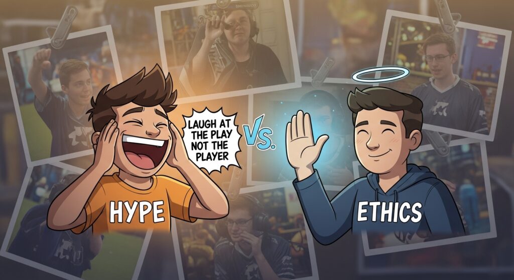 Illustration showing balance between humor and respect in esports: one character laughing at funny gameplay, another signaling pause, with mini-game moments in the background and ‘Laugh at the play, not the player’ overlay.