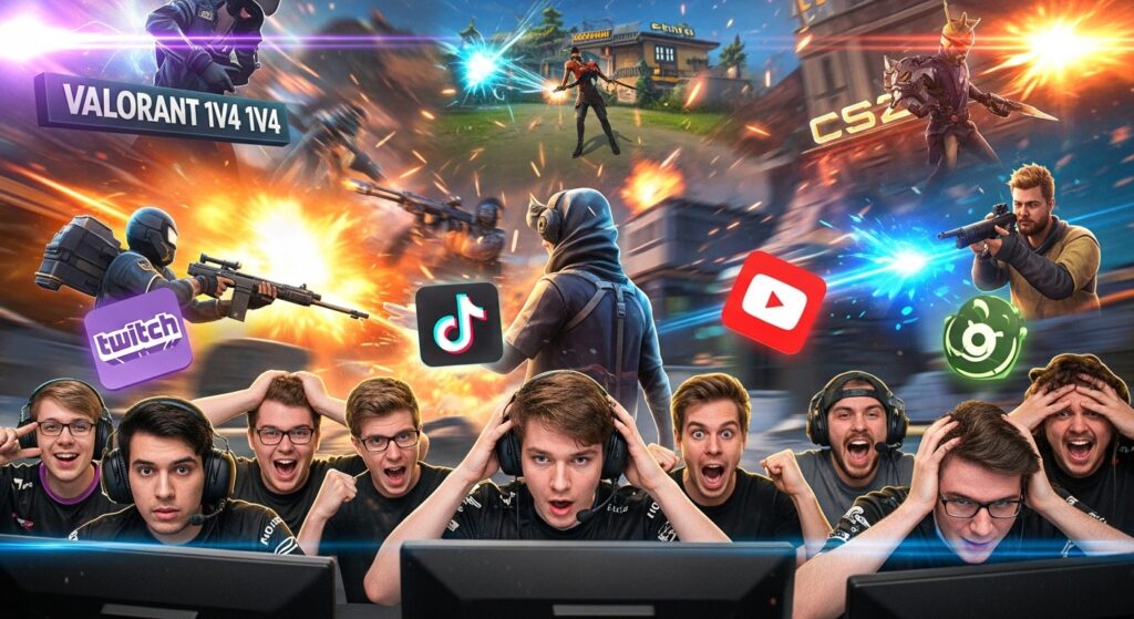 Chaotic esports montage with pro players reacting, featuring viral clips from Valorant, League of Legends, CS2, and Fortnite, with social media icons floating in a neon, fast-paced design.