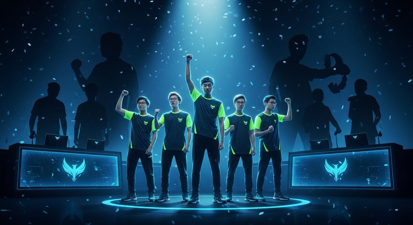 Spotlight on a glowing underdog esports team standing out from bigger silhouettes, symbolizing new esports teams to watch and spot early.