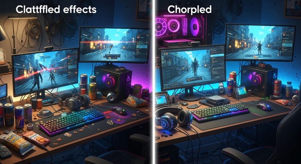Pro player gaming gear and settings shown through a split-screen of cluttered effects versus clean optimized visuals, symbolizing why simplicity beats overcomplication.