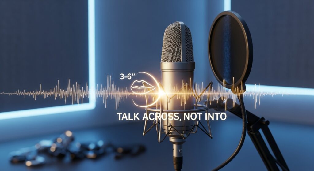 Pro streaming microphone with pop filter and clean audio setup, showing correct mic technique for consistent sound.