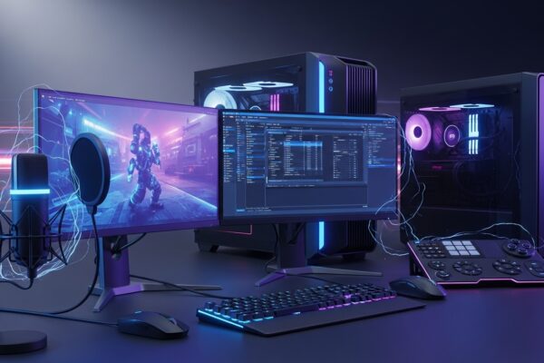 Streaming setup used by pro players with dual monitors, mic, RGB gear, and dual PC rigs glowing with neon light.