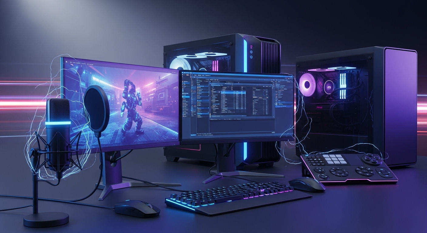 Streaming setup used by pro players with dual monitors, mic, RGB gear, and dual PC rigs glowing with neon light.