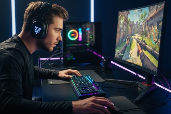 Esports player focusing intensely at a gaming desk, surrounded by icons representing warm-up, mental tilt guardrails, and map mastery, with vibrant, cinematic colors and dynamic gaming effects.