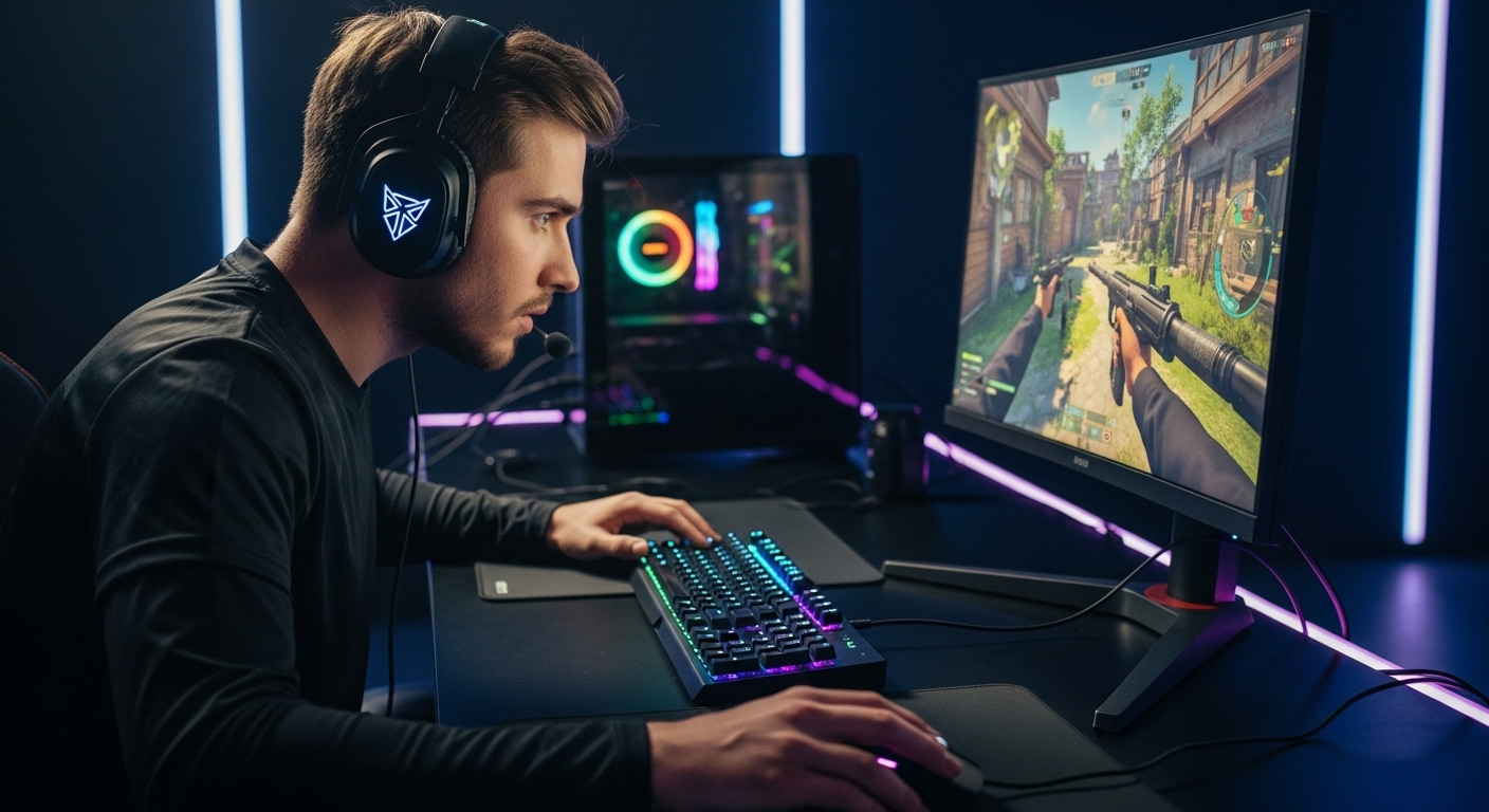 Esports player focusing intensely at a gaming desk, surrounded by icons representing warm-up, mental tilt guardrails, and map mastery, with vibrant, cinematic colors and dynamic gaming effects.