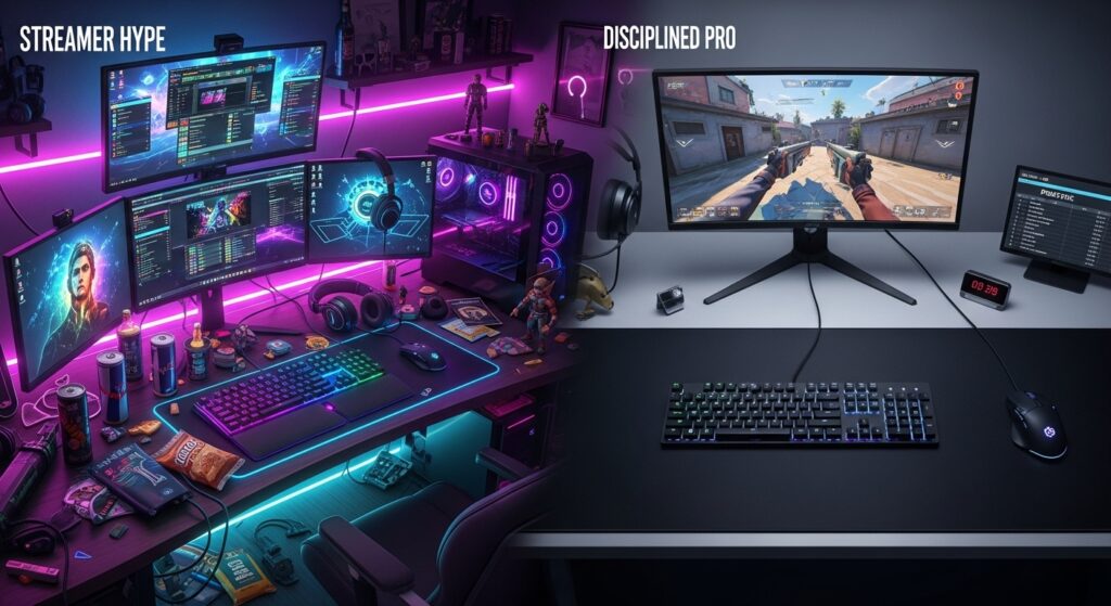 Pro player gaming gear and settings shown as streamer hype RGB setup versus a disciplined pro setup with large mousepad, tuned DPI, and hours of practice.
