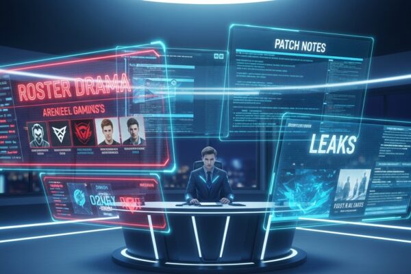 Holographic newsroom with floating screens showing roster drama, patch notes, and leaks, symbolizing breaking news in competitive gaming.