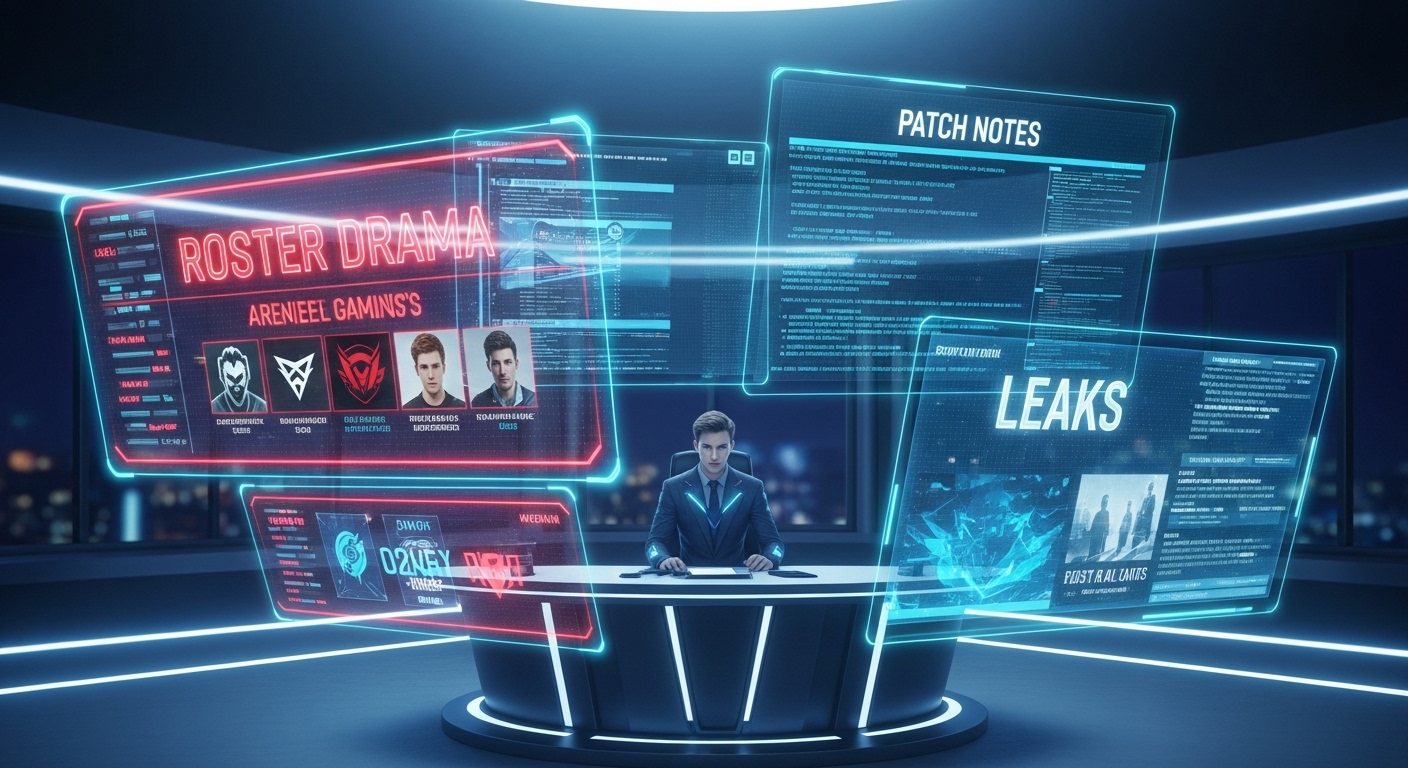 Holographic newsroom with floating screens showing roster drama, patch notes, and leaks, symbolizing breaking news in competitive gaming.