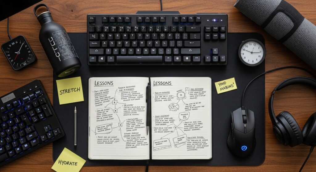 Lessons learned from top esports players shown through a desk flat-lay of notebook notes, gaming gear, water bottle, and small daily habits like stretches and routines.