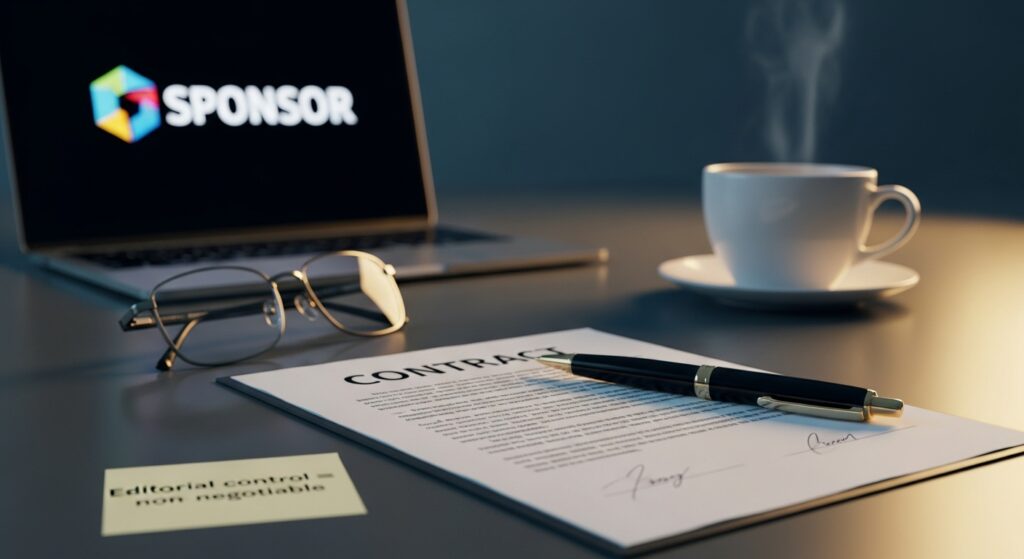 Esports journalism contract on a desk with pen, glasses, and blurred sponsor logo in background, symbolizing the business side of interviews and editorial control.