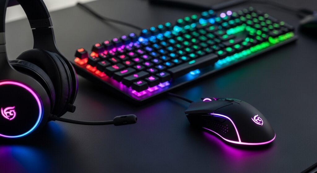 Pro gaming gear setup with RGB keyboard, mouse, and headset.