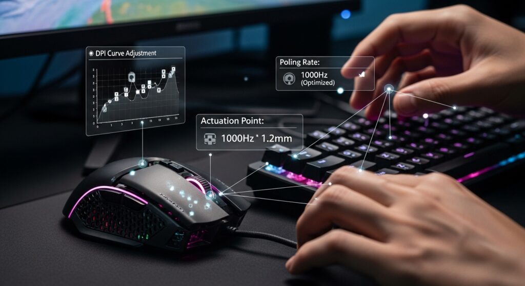 Close-up of a gamer adjusting mouse and keyboard settings, with overlays highlighting tiny optimizations and tweaks, symbolizing focus on settings and small edges for performance.
