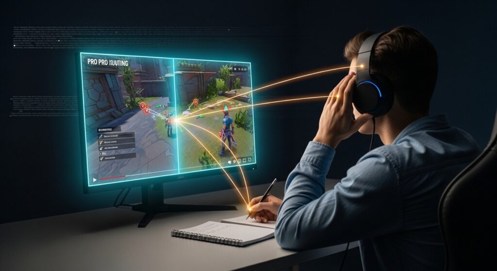 Gamer watching a pro gameplay tutorial on one side of the screen while practicing on the other, symbolizing when to learn from others and when to ignore advice.