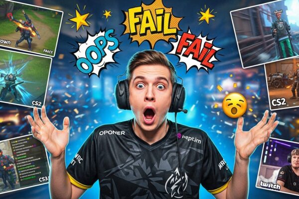 Funny esports montage showing pro gamers mid-fail, with exaggerated reactions and chaotic in-game bloopers, highlighting the funniest clips from professional players.