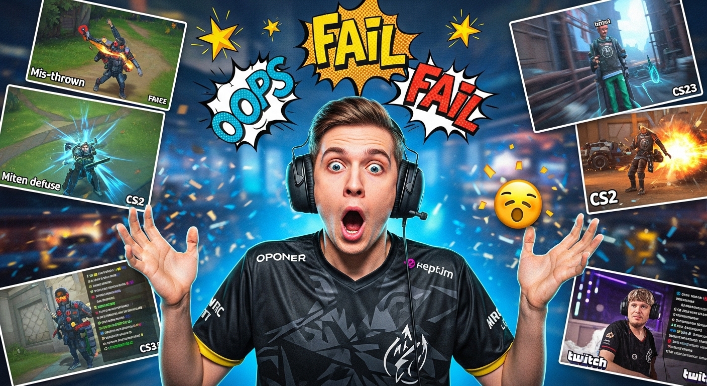 Funny esports montage showing pro gamers mid-fail, with exaggerated reactions and chaotic in-game bloopers, highlighting the funniest clips from professional players.