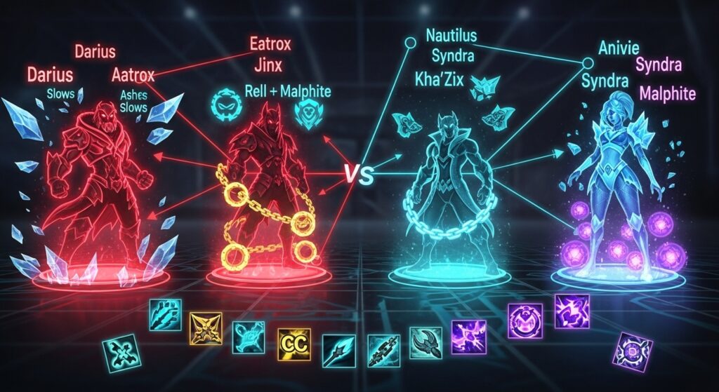 Holographic League of Legends champions facing off on a digital battleboard, showing counterpicks like Ashe vs Darius, Nautilus vs Aatrox, and Syndra vs Anivia with glowing energy effects.