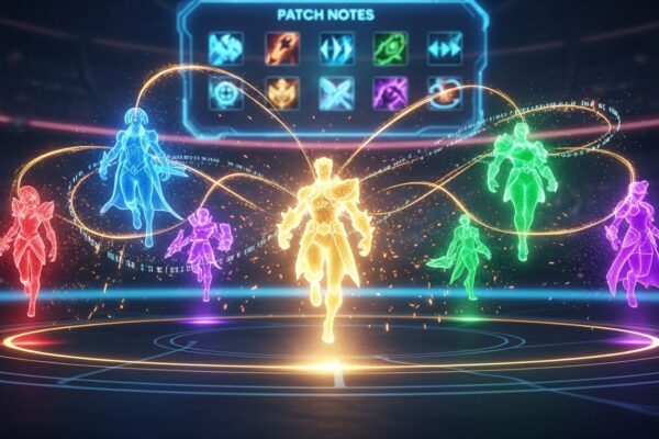 Cinematic holographic champions glowing in neon colors, showcasing best hero picks for latest LoL patch in every role.