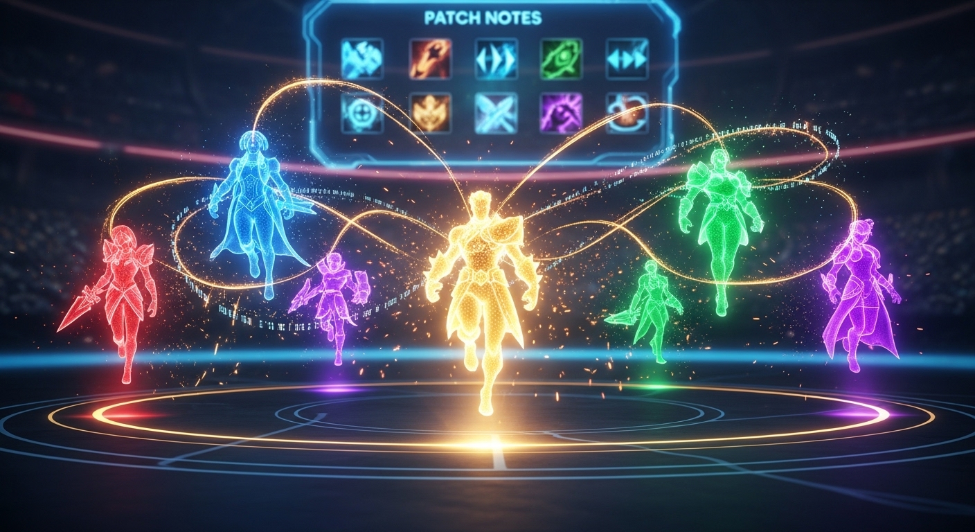 Cinematic holographic champions glowing in neon colors, showcasing best hero picks for latest LoL patch in every role.