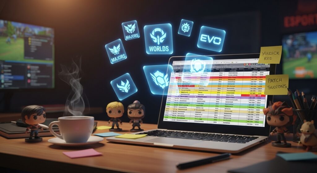 Esports fan tracking tournaments on a detailed spreadsheet with coffee, digital event icons, and gaming screens in a cozy, analytical setup.