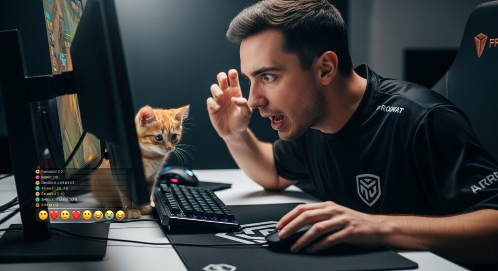 Pro gamer reacting intensely at their desk to a clutch in-game moment, with a slightly blurred game screen in the background, a small chat overlay with emotes, and a tiny cat on the keyboard for humor.