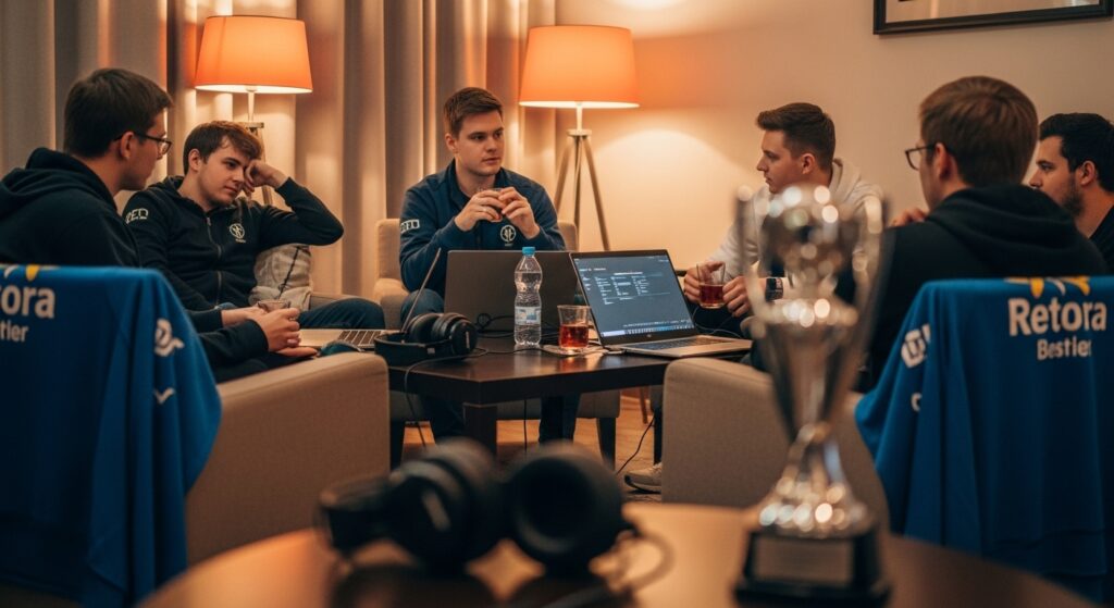 Life of a professional gamer off stage showing esports teammates in a warm casual setting, having real check-ins and building trust together.