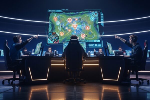 esports scene harmonicode players strategizing with patch notes in a futuristic arena