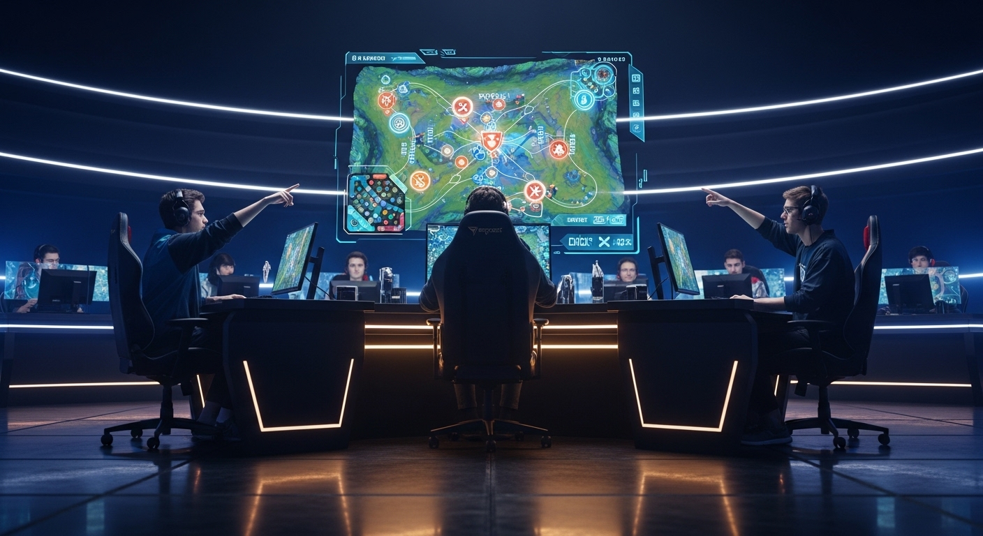 esports scene harmonicode players strategizing with patch notes in a futuristic arena