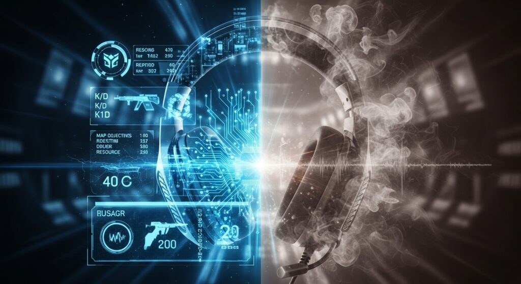 Esports strategy concept showing a gaming headset split between glowing precise info and fading noise, symbolizing how information and silence are both weapons.
