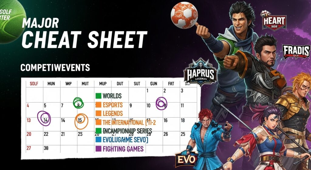 Color-coded esports calendar with key events highlighted and team logos for quick reference.