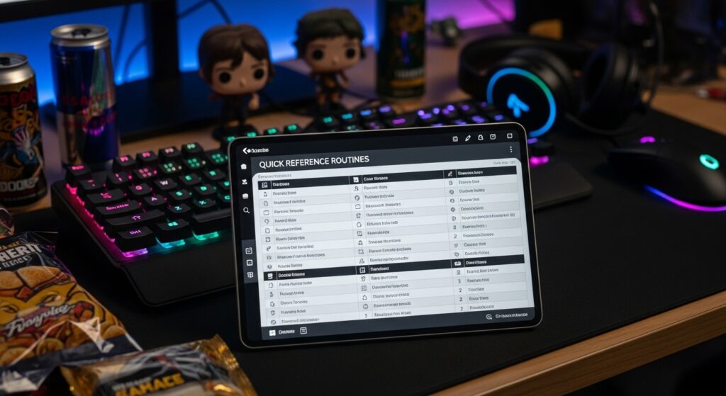 Alt Text:
Digital notepad on a gamer’s desk showing quick-reference tables for drills and routines, symbolizing easy practice guides for players.