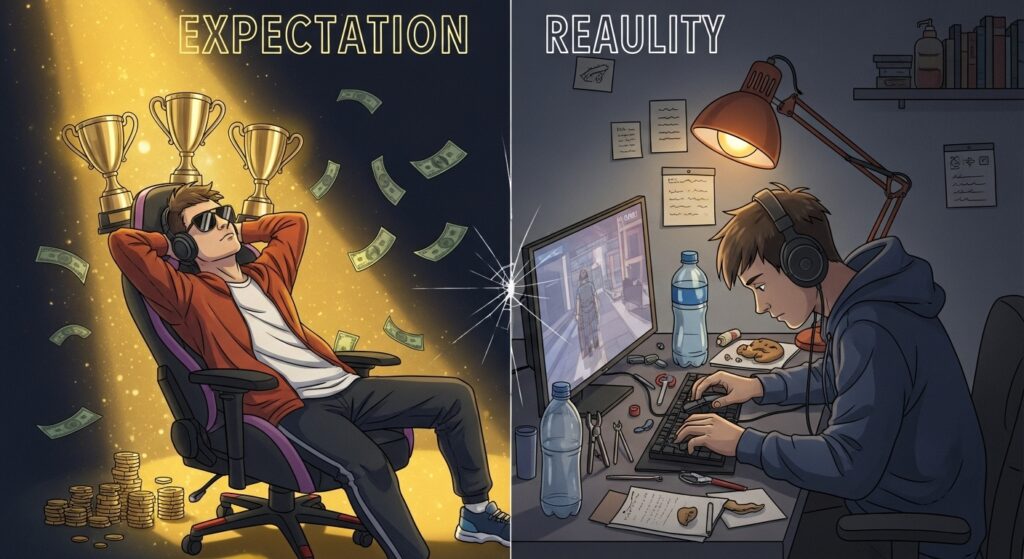 Life of a professional gamer off stage shown as expectation vs. reality: glamorous stage fantasy versus real grind of practice, analysis, and daily routines.