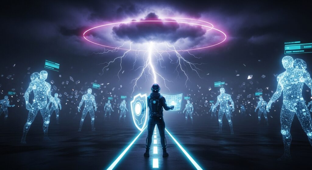 Futuristic lone gamer holding a glowing shield and digital map, standing against chaotic holographic teammates under neon storm clouds, symbolizing survival and strategy in solo queue.