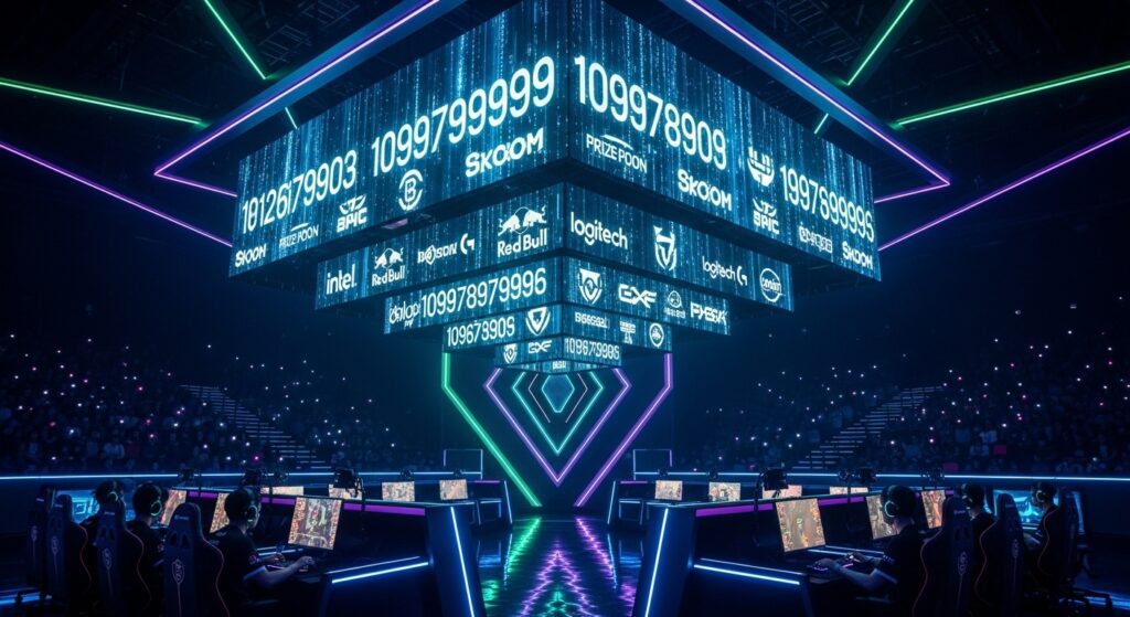 Esports stage with glowing prize pool numbers and sponsorship symbols above, symbolizing how money drives competitive gaming discussions.