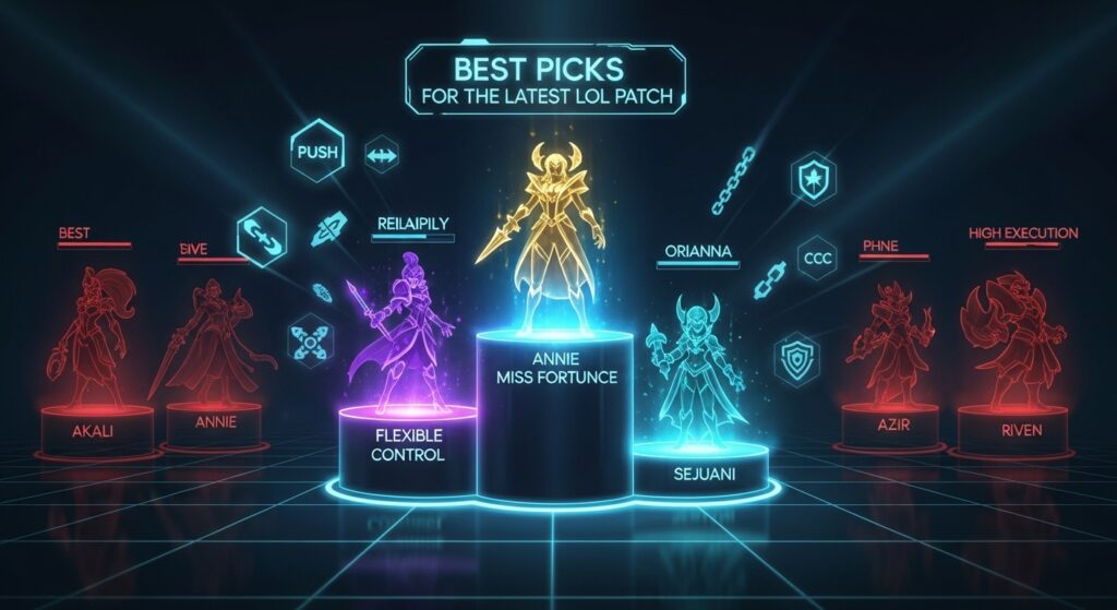 Holographic League of Legends champions standing on a glowing podium above Summoner’s Rift, with reliable low-execution picks highlighted as the best hero picks for the latest LoL patch.