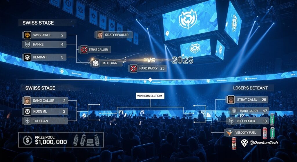 Esports tournament bracket highlighting Swiss stage, double-elimination playoffs, prize pools, and player roles in 2025.