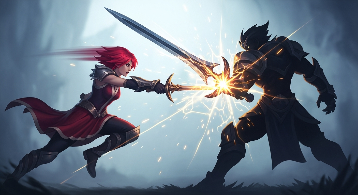 Fiora counter duel in League of Legends showing Fiora’s sword strike blocked by a powerful champion pick.