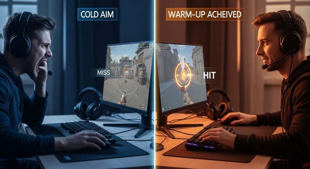 Split-scene of a gamer missing shots with cold aim on one side and hitting glowing targets with precision after warming up on the other, showing why warm-up matters in esports.