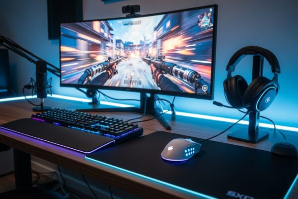 Pro player gaming gear and settings shown through a cinematic desk setup with optimized mouse, keyboard, monitor, and headset for precision and low input lag.