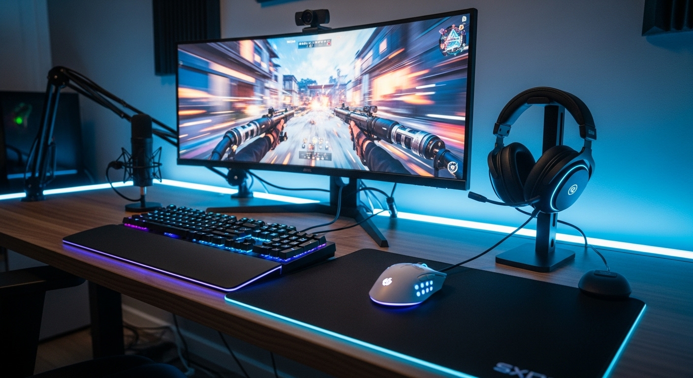 Pro player gaming gear and settings shown through a cinematic desk setup with optimized mouse, keyboard, monitor, and headset for precision and low input lag.