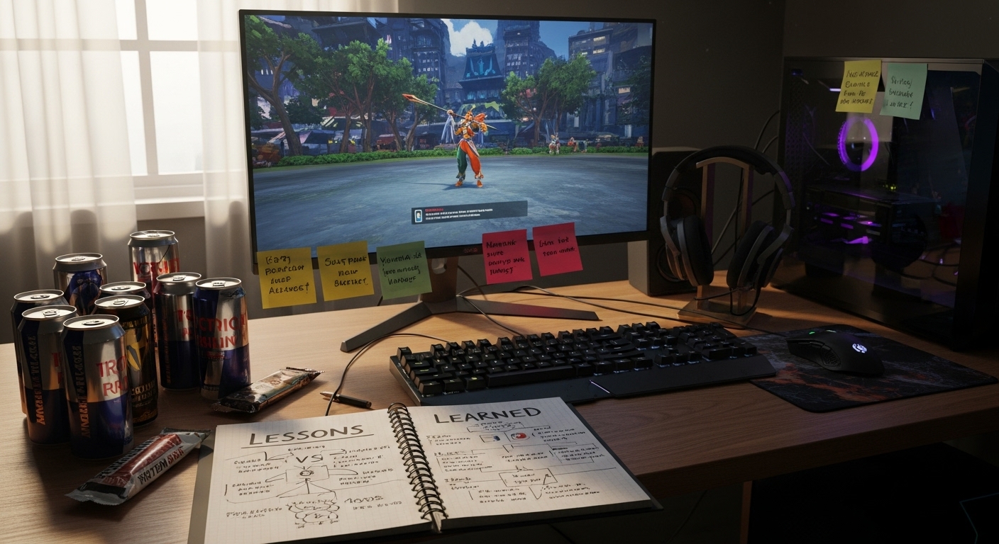 Lessons learned from top esports players shown through a quiet gaming setup at dawn with notes, glowing PC, and signs of daily practice routines.